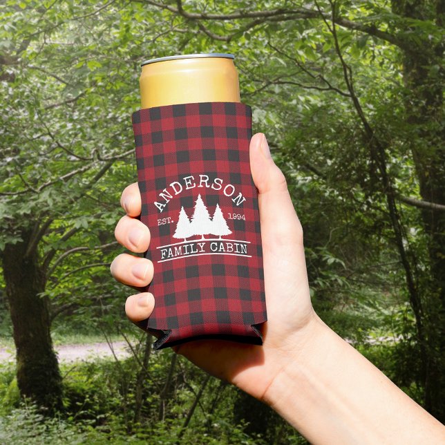 Cabin Family Name Red Buffalo Plaid Seltzer Can Cooler (Customize to change text size or text style.)