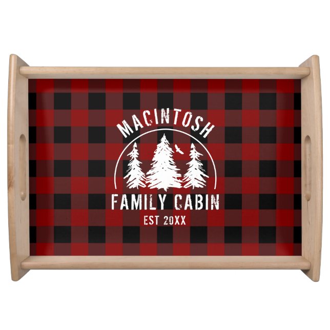 Cabin Family Name Red Buffalo Plaid Serving Tray (Front)