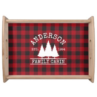 Cabin Family Name Red Buffalo Plaid Serving Tray