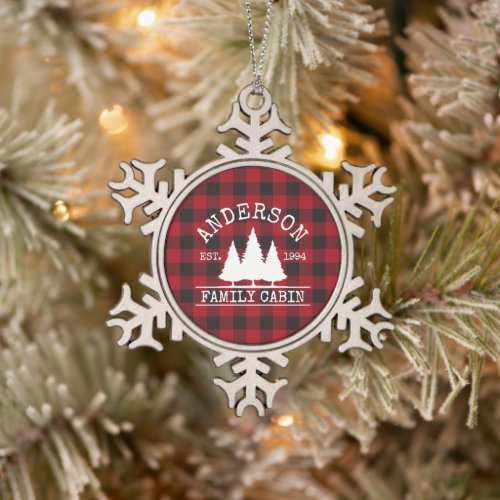 Cabin Family Name Red Buffalo Plaid Snowflake Pewter Christmas Ornament