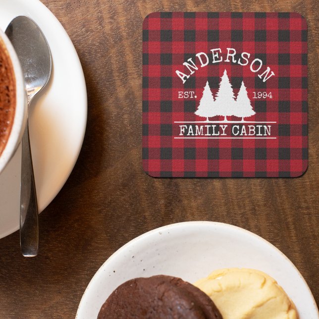Cabin Family Name Red Buffalo Plaid Square Paper Coaster (Customize to change text size or text style.)