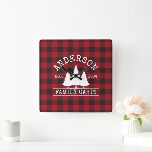 Cabin Family Name Red Buffalo Plaid Square Wall Clock