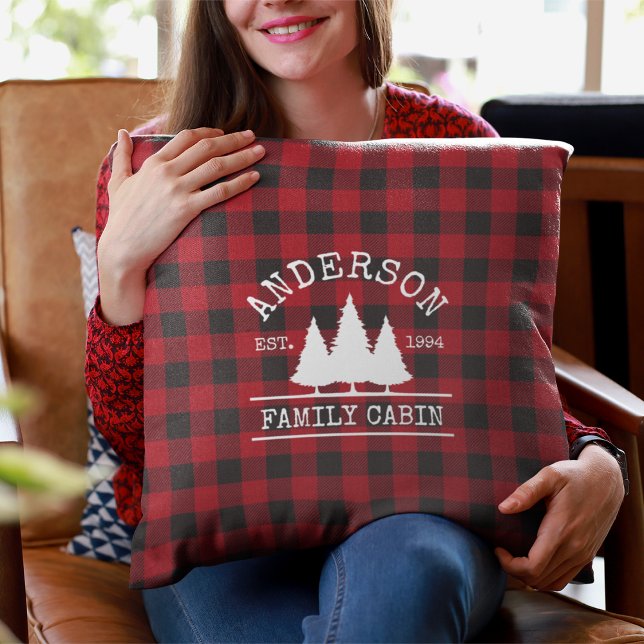 Cabin Family Name Red Buffalo Plaid Throw Pillow (Customize to change text size or text style.)