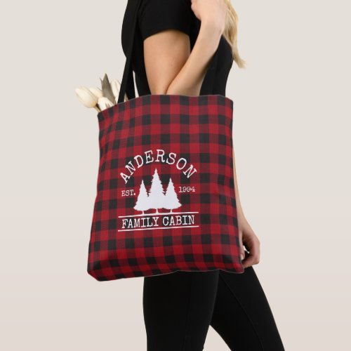 Cabin Family Name Red Buffalo Plaid Tote Bag