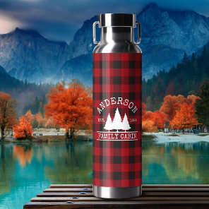Cabin Family Name Red Buffalo Plaid Water Bottle