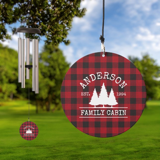 Cabin Family Name Red Buffalo Plaid Wind Chime (Outdoor)