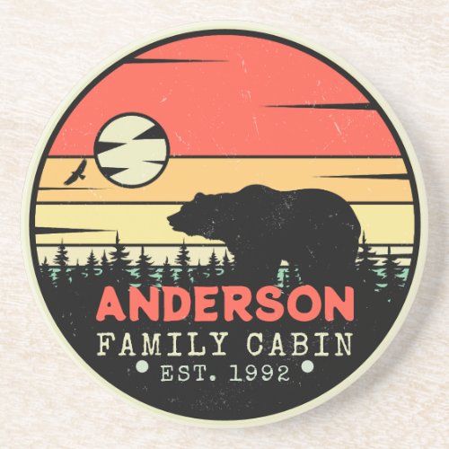 Cabin Family Name Retro Pine Trees Bear Souvenir Coaster
