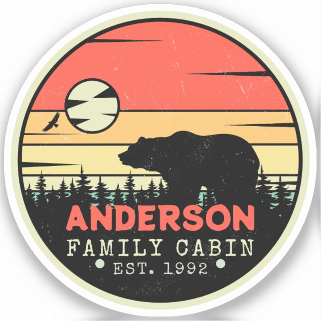 Cabin Family Name Retro Pine Trees Bear Souvenir Sticker (Front)