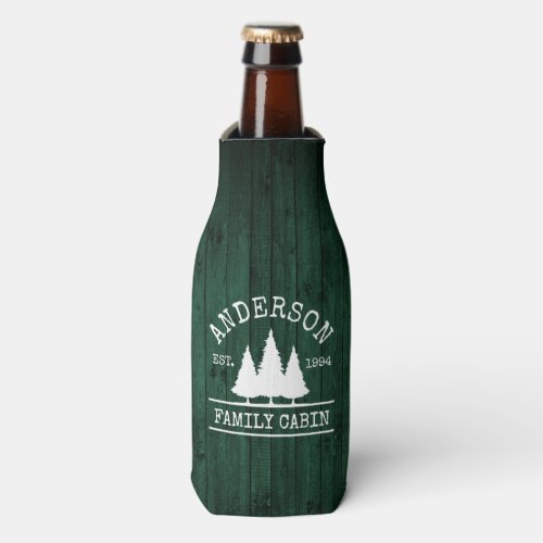 Cabin Family Name Rustic Green Wood Forest Bottle Cooler