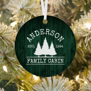Cabin Family Name Rustic Green Wood Forest Metal Ornament