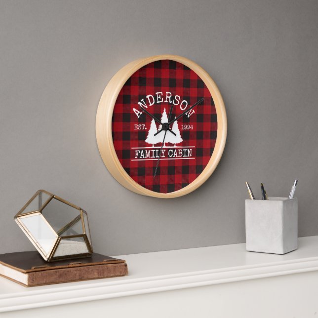 Cabin Family Name Rustic Red Buffalo Plaid Clock (Office)