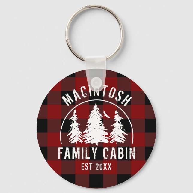 Cabin Family Name Rustic Red Buffalo Plaid Keychain (Front)