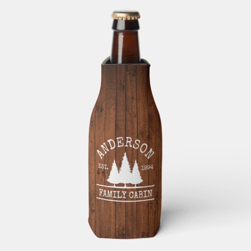 Cabin Family Name Rustic Wood Forest Bottle Cooler