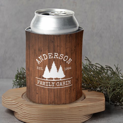 Cabin Family Name Rustic Wood Forest Can Cooler