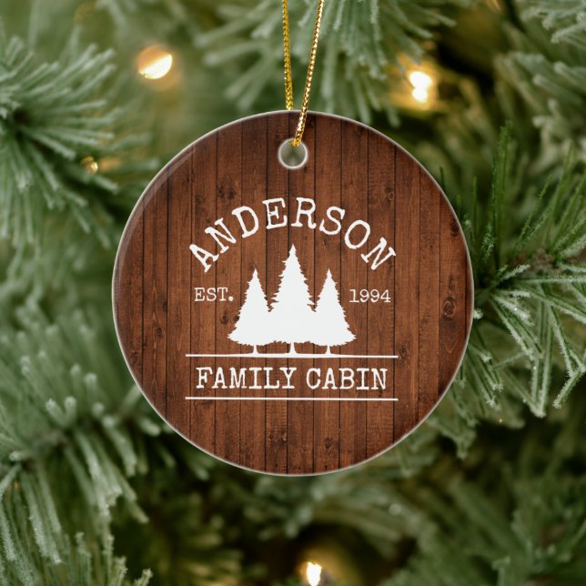 Cabin Family Name Rustic Wood Forest Ceramic Ornament (Tree)