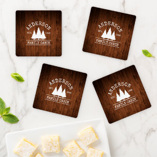 Cabin Family Name Rustic Wood Forest Coaster Set