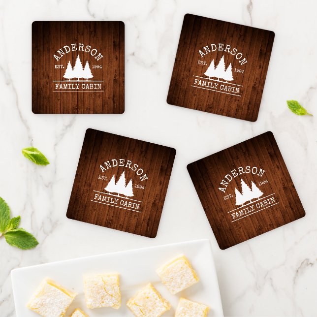 Cabin Family Name Rustic Wood Forest Coaster Set (In Situ)