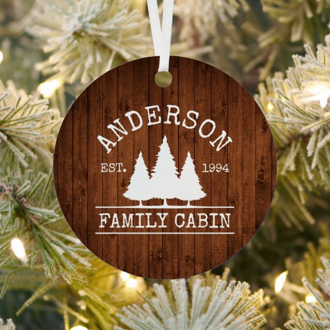 Cabin Family Name Rustic Wood Forest Metal Ornament (Insitu)