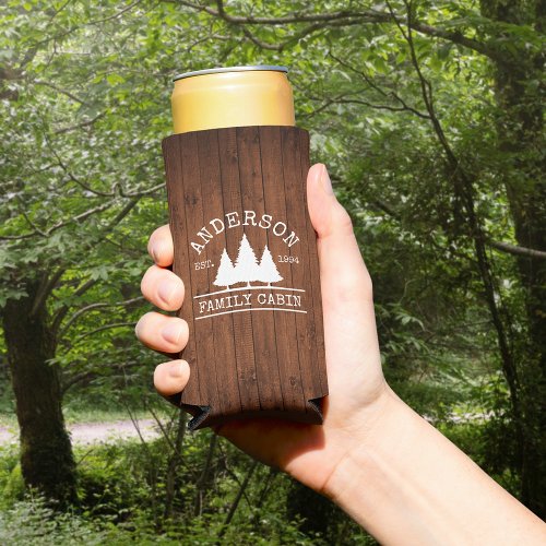 Cabin Family Name Rustic Wood Forest Seltzer Can Cooler