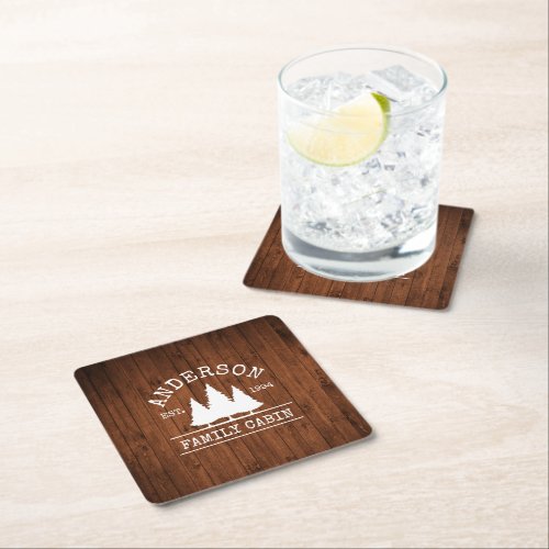 Cabin Family Name Rustic Wood Forest Square Paper Coaster