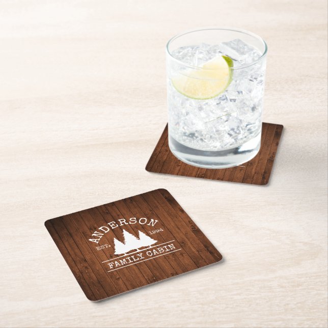 Cabin Family Name Rustic Wood Forest Square Paper Coaster (Insitu)