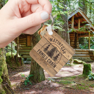 Cabin Family Name Rustic Wood Forest Trees Keychain