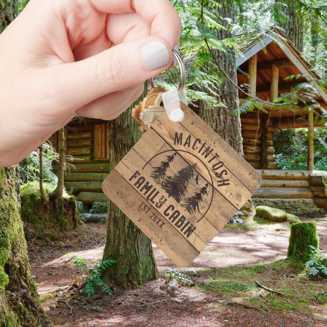 Cabin Family Name Rustic Wood Forest Trees Keychain (Creator Uploaded)