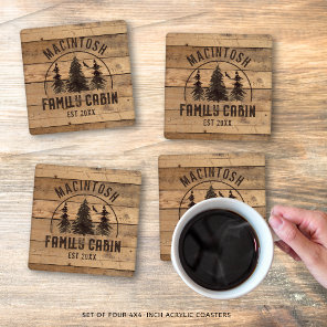 Cabin Family Name Rustic Wood Personalized Coaster Set