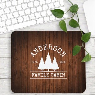 Cabin Family Name Rustic Wood Print Mouse Pad