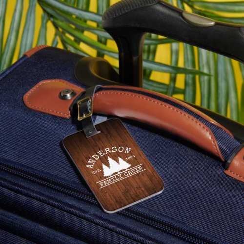 Cabin Family Name Rustic Wood Print Personalized Luggage Tag