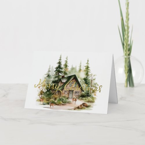 Cabin Forest Deer Merry Christmas Gold Foil Greeting Card