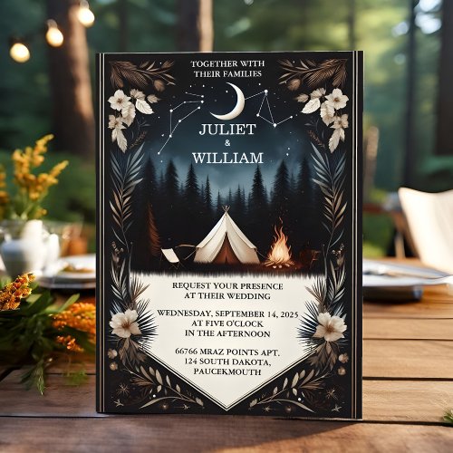 Cabin Forest Wood Sky Tree Fire Camping Wedding Invitation