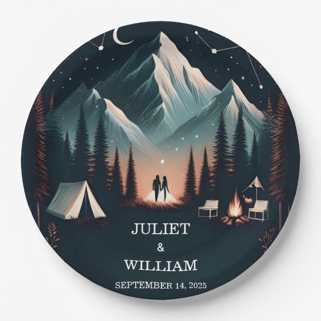 Cabin Forest Wood Sky Tree Fire Camping Wedding Paper Plates (Front)