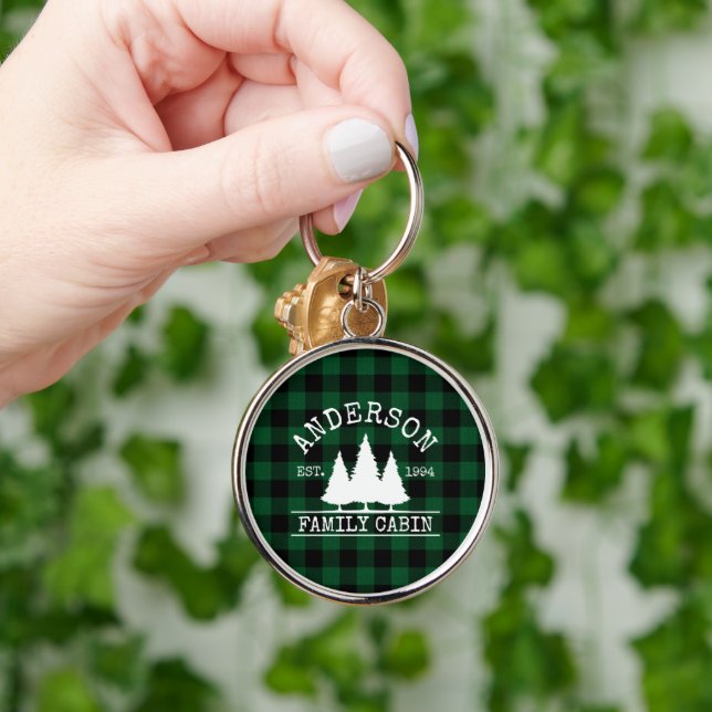 Cabin Green Buffalo Plaid Family Name Keychain (Hand)