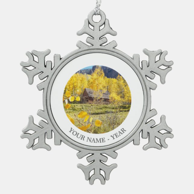 Cabin in Aspens Snowflake Pewter Christmas Ornament (Front)