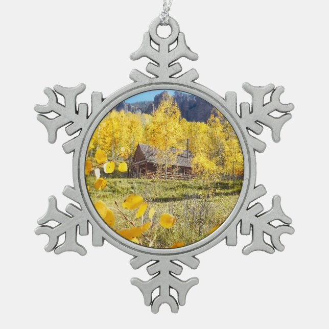 Cabin in Aspens Snowflake Pewter Christmas Ornament (Front)