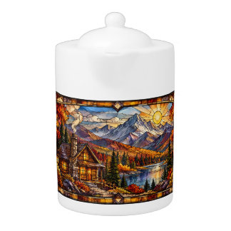 Cabin in Autumnal Mountain Landscape Teapot