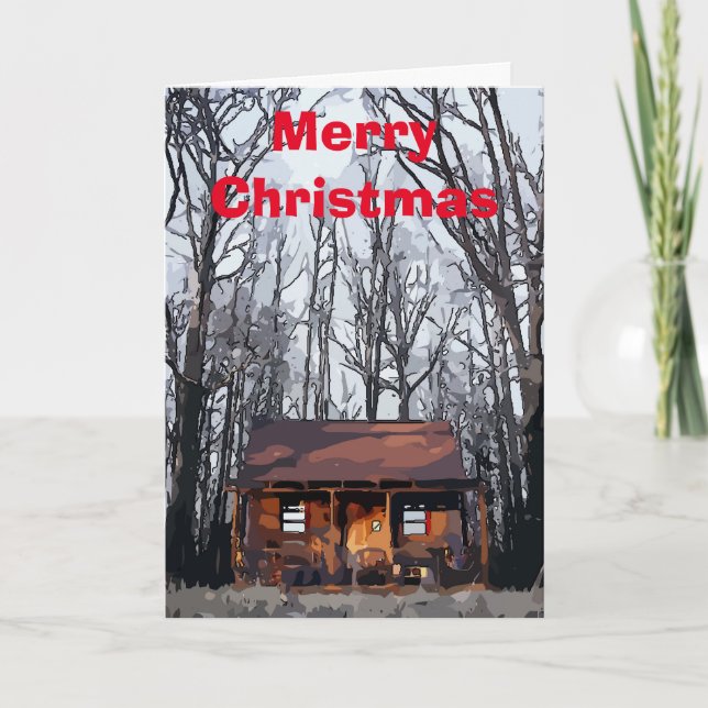 Cabin In Mountains Merry Christmas Card (Front)