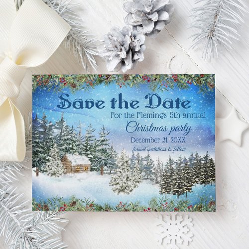 Cabin in Snow Woods Christmas Save the Date Announcement Postcard