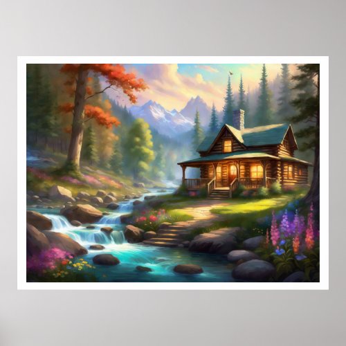 Cabin In The Mountains Stream Wildflowers Light On Poster