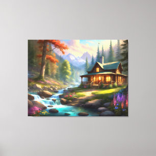 Cabin in the Rocky Mountains Stream Wildflowers Canvas Print