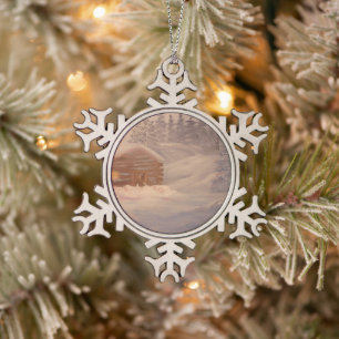 Cabin in the Snow Pewter Snowflake Ornament