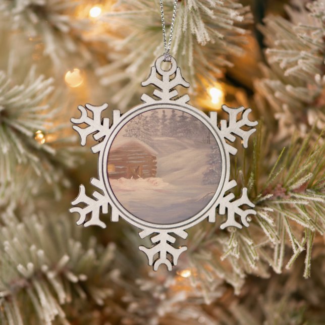 Cabin in the Snow Pewter Snowflake Ornament (Tree)