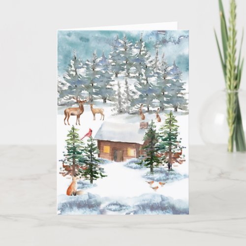 Cabin in the Snow Watercolor Art Christmas Holiday Card