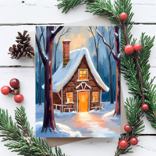 Cabin in the Snowy Winter Woods Christmas Holiday Card