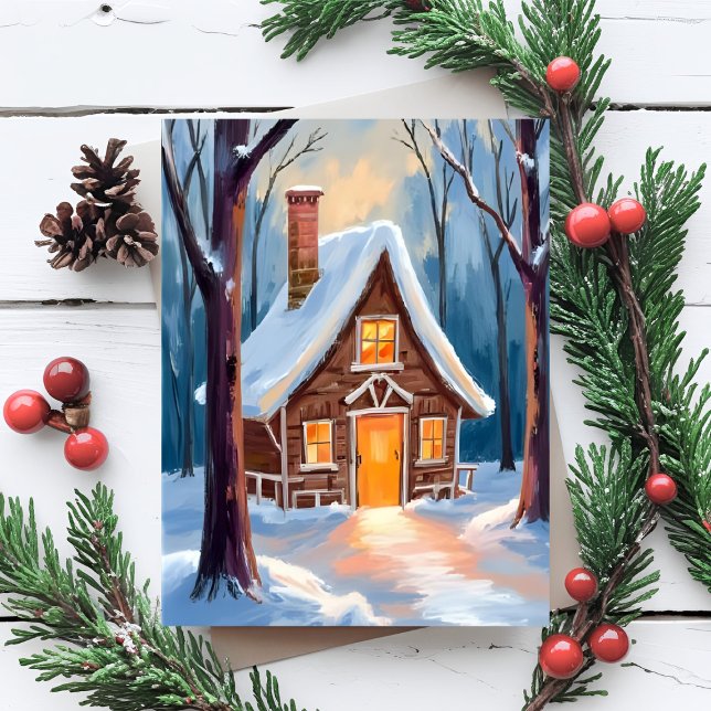 Cabin in the Snowy Winter Woods Christmas Holiday Postcard (Creator Uploaded)