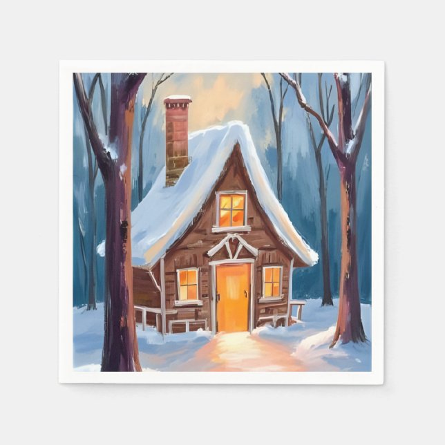 Cabin in the Snowy Winter Woods Christmas Napkins (Front)