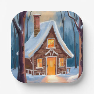 Cabin in the Snowy Winter Woods Watercolor Paper Plates