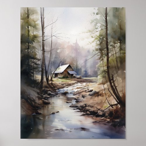 Cabin In The Woods Springtime Watercolor Cabin Poster
