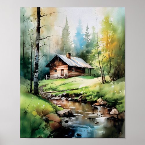 Cabin In The Woods Springtime Watercolor Poster